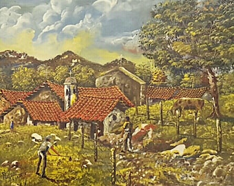 Original Caribbean Oil Painting of Island life w. Village Scene, Landscape Painting Tropical Framed Wall Art, Signed by Aira Luate