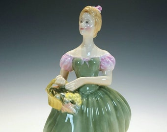 Royal Doulton "Clarissa" HN 2345 Porcelain Figurine, Pretty Lady in Green & Pink Dress w. Basket of Flowers, Peggy Davies, Made in England