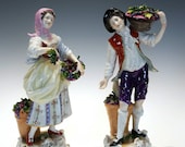 Pair of Vintage Volkstedt Rudolf Kammer The Grape Pickers German Porcelain Figurines, Hand Painted Couple Rococo Style w. Baskets of Grapes