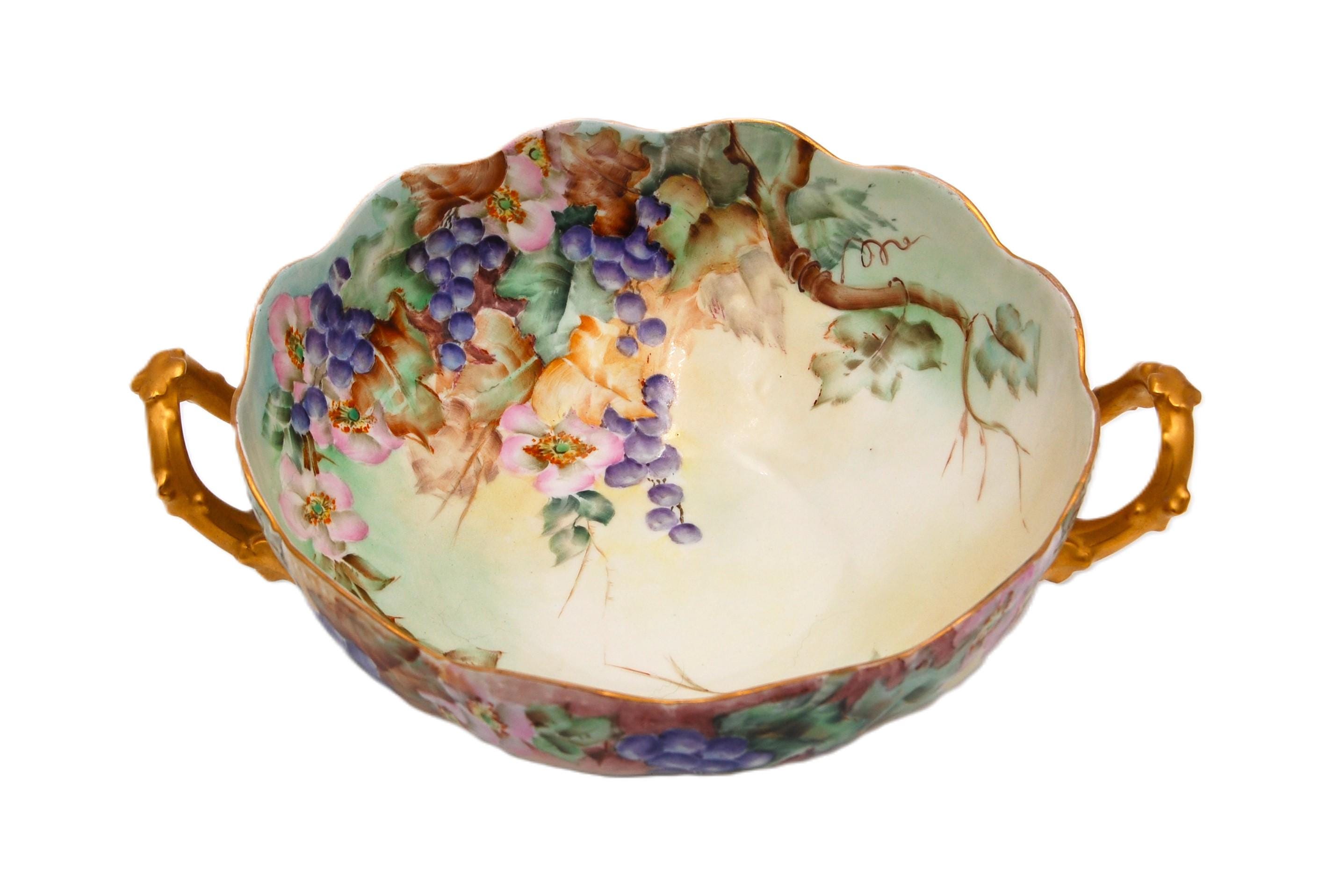 Limoges French 2 Handled Centerpiece Bowl with Gold Trim, Hand Painted with Grapes & Vines. Gorgeous Vintage Piece of French Artistry!