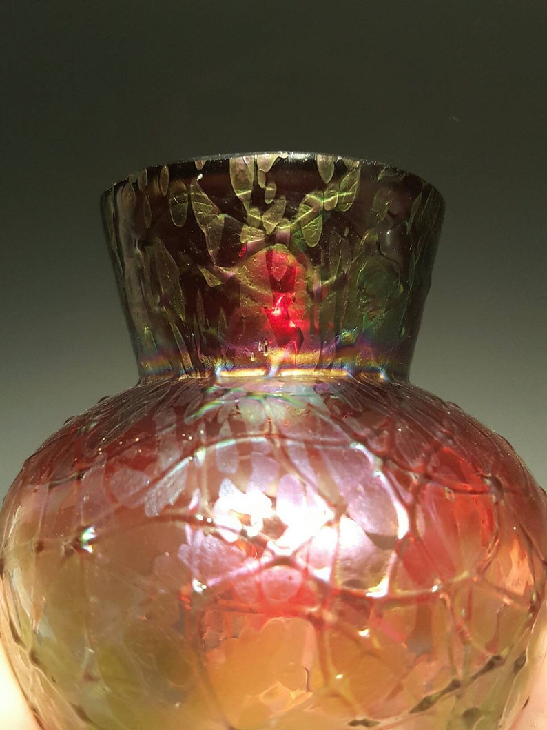 KRALIK Czech Bohemian Crackle Glass Red Pepita Amberina Vase, Art