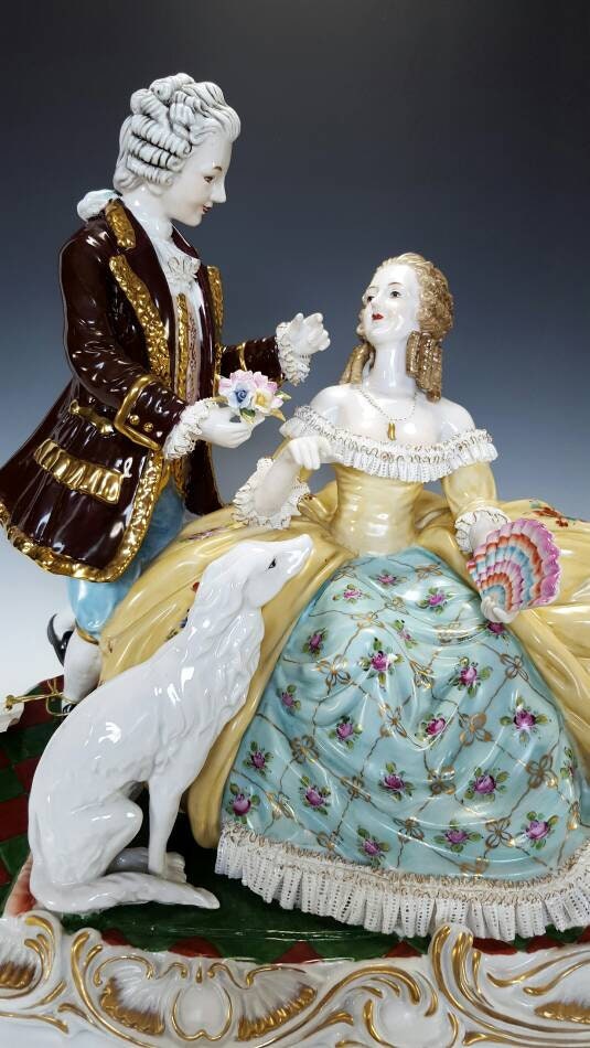 Massive Italian Capodimonte Stylearistocratic Couple W Borzoi Dog