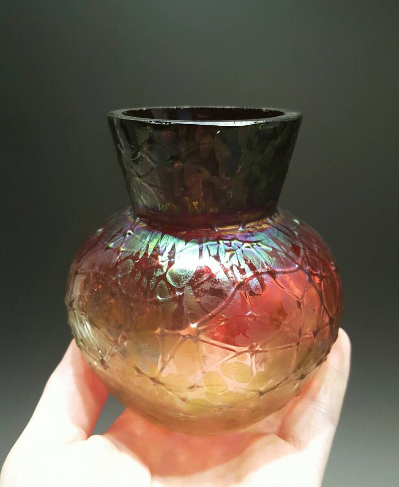 KRALIK Czech Bohemian Crackle Glass Red Pepita Amberina Vase, Art