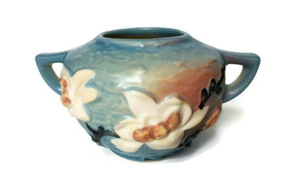 Roseville Pottery Magnolia Blue Handled Bowl Art Vase Etsy