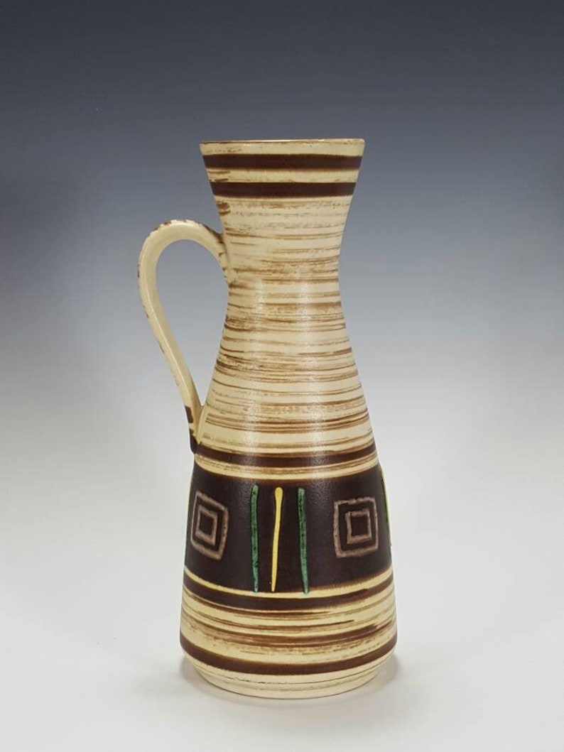 Mid Century Vintage Vase West German Pottery Fat Lava Vase JASBA KERAMIK White Green Yellow Ceramic Handled Pitcher Vase 244-25