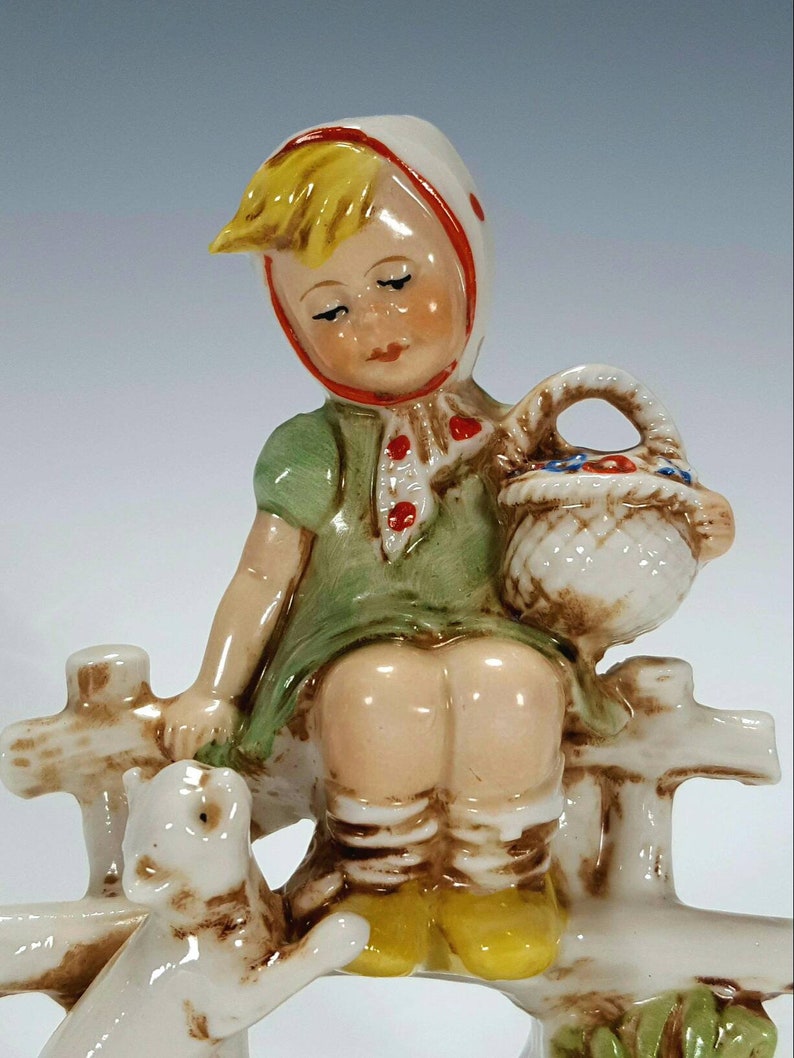Grafenthal Schneider German Porcelain Figurine Little Girl Sitting on The Fence w Cat and Basket Antique 19th c Stamped 20385 Germany