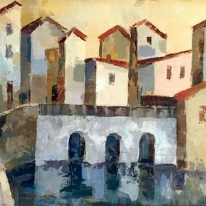 SILVIA VASSILEVA Original Abstract Cityscape Painting Village Way, Large Framed Giclée Art, Office Room Contemporary Art