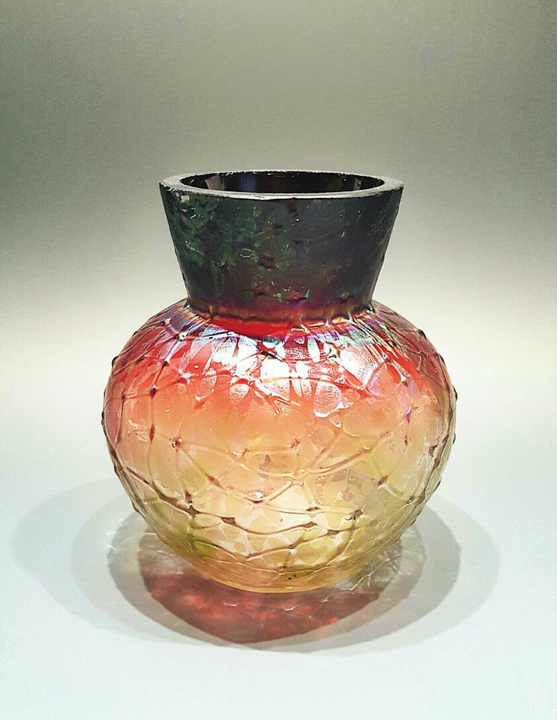 KRALIK Czech Bohemian Crackle Glass Red Pepita Amberina Vase, Art