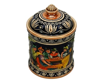W. German DUMLER & BREIDEN 1/2 ltr Lidded Ceramic Stein Tobacco Jar "Geh Setz' Di Her" Hand Painted Glazed Jar w. Pub Scenes and Trees