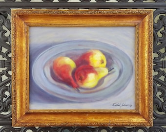 Richard J JOHNSON (American 1944-2012) "Three Pears In The Bowl" Still Life Fruit Original Oil on Canvas Painting, Framed art, Signed