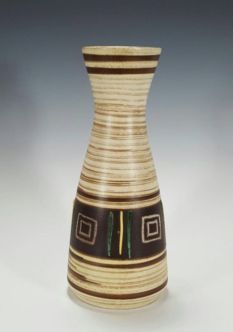 Mid Century Vintage Vase West German Pottery Fat Lava Vase JASBA KERAMIK White Green Yellow Ceramic Handled Pitcher Vase 244-25