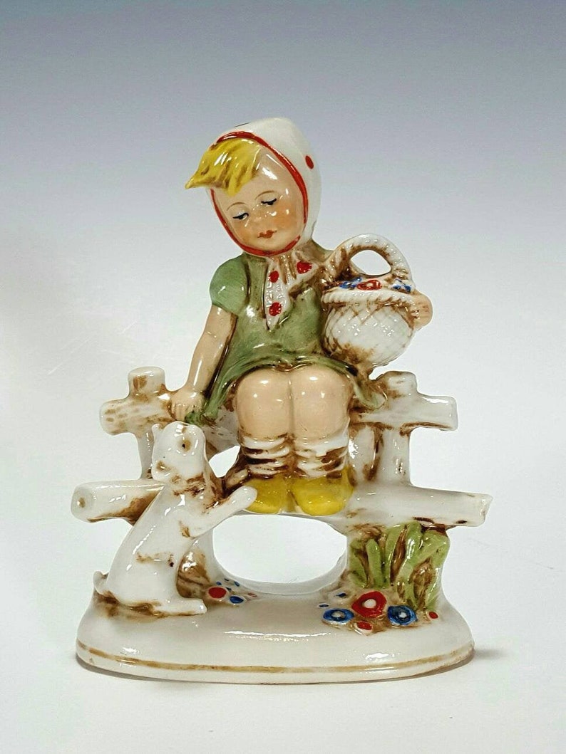 Grafenthal Schneider German Porcelain Figurine Little Girl Sitting on The Fence w Cat and Basket Antique 19th c Stamped 20385 Germany