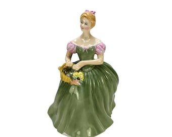 Royal Doulton "Clarissa" HN 2345 Porcelain Figurine, Pretty Lady in Green & Pink Dress w. Basket of Flowers, Peggy Davies, Made in England