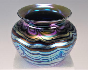 Exceptional CORREIA Studio Art Glass, Iridescent Gold, Green Swirls with Blue & Purple Iridescent