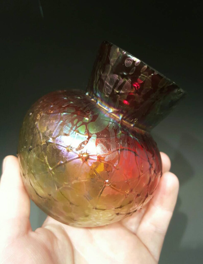 KRALIK Czech Bohemian Crackle Glass Red Pepita Amberina Vase, Art