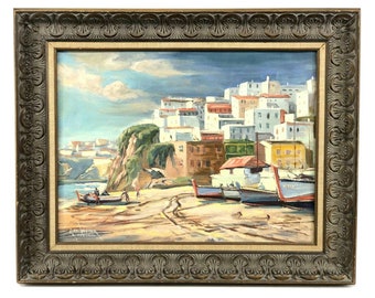 Russ Webster (American, 1904-1984) PORTUGAL Oil on Canvas Painting, Harbor scene of Coastal Portugal, Seascape Boats Painting, Signed art