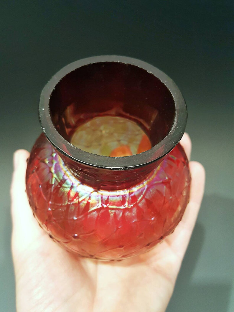 KRALIK Czech Bohemian Crackle Glass Red Pepita Amberina Vase, Art