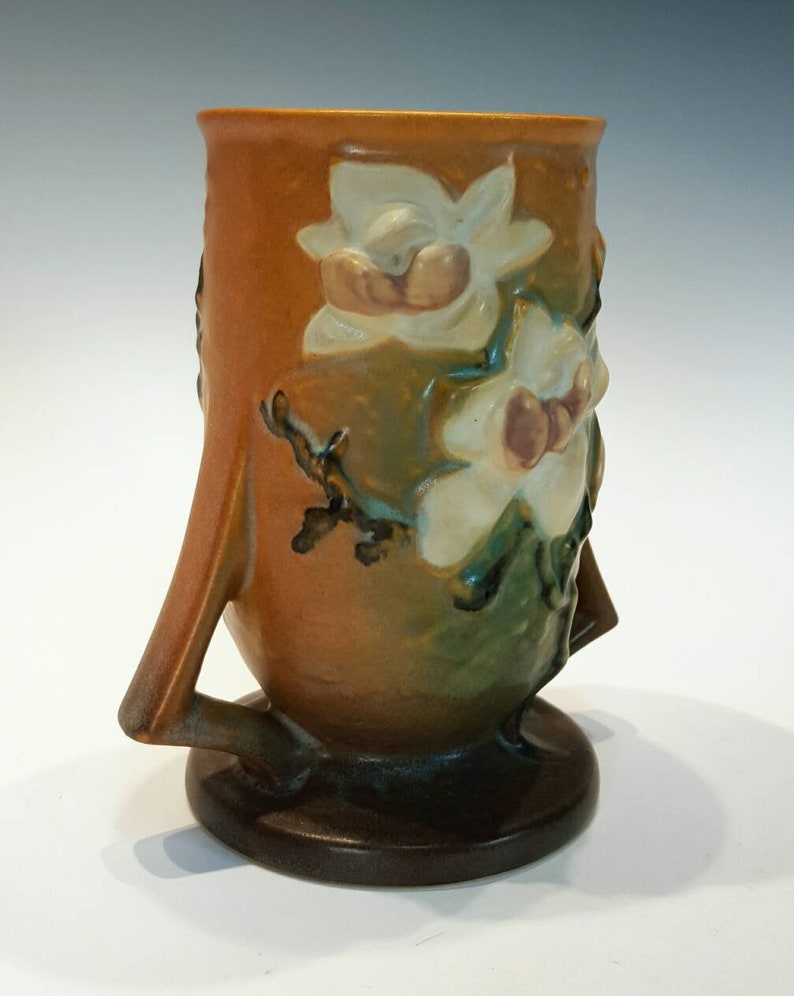 Roseville Pottery Magnolia Brown Two Handled Vase 876 Made Etsy