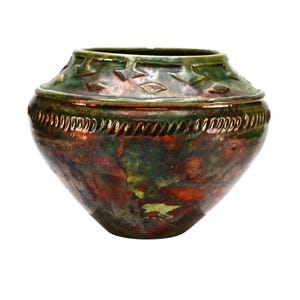 Raku Pottery Vase: Southwestern Iridescent Copper Glaze, Signed