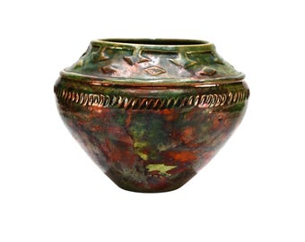 Raku Studio Art Pottery Vase, Southwestern Raku Vase Metallic Copper Tone Iridescent Glaze, Signed RAMER dated 99