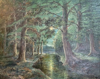 WILLIAM S. BUCKLIN Dipinto a olio con paesaggio di foresta al chiaro di luna, dipinto originale vintage con scena notturna nella foresta, grande opera d'arte incorniciata, firmata dall'artista