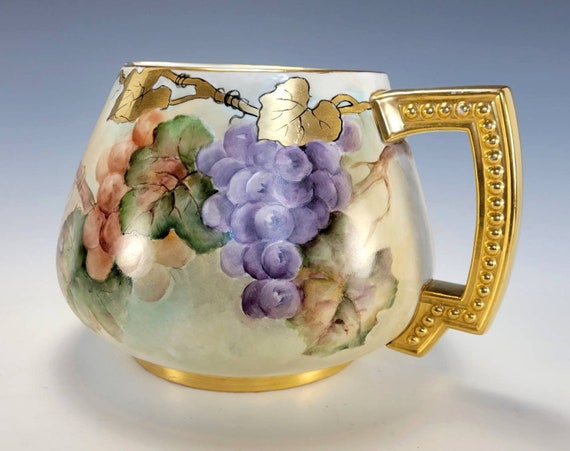 Jean Pouyat Limoges Cider Pitcher, Hand-painted Grape Motif, 22K