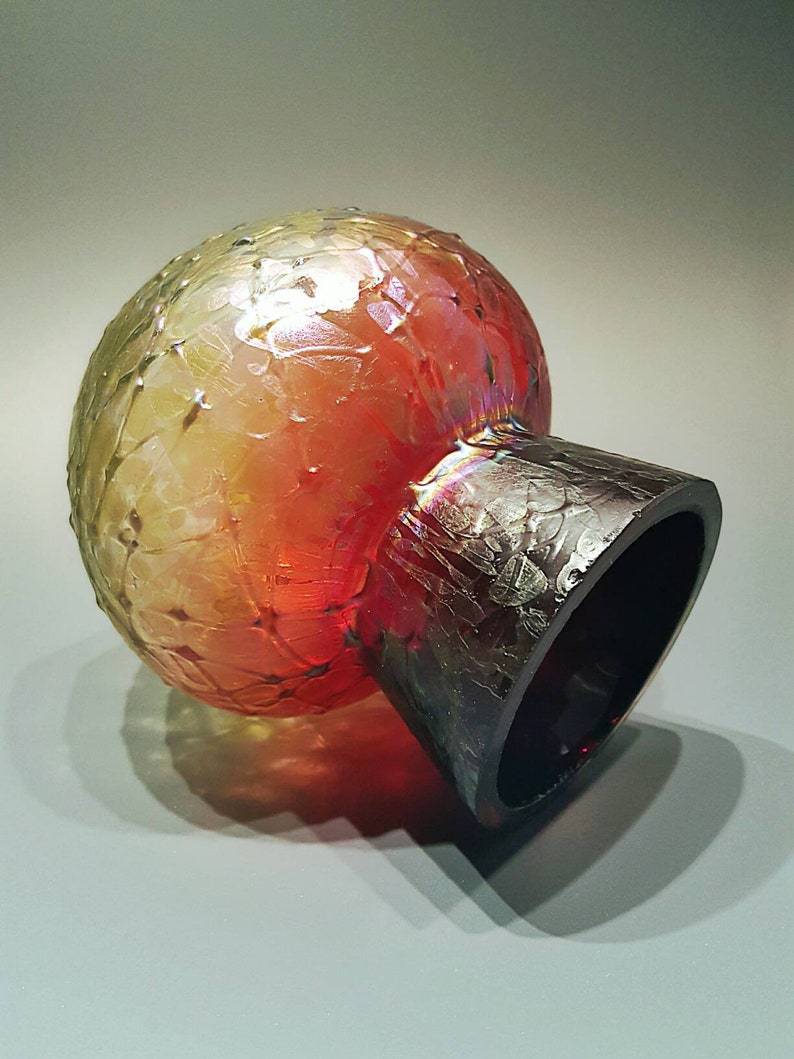 KRALIK Czech Bohemian Crackle Glass Red Pepita Amberina Vase, Art