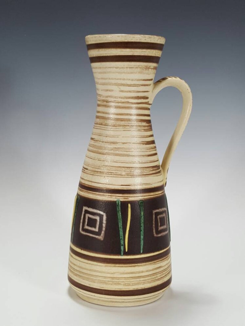 Mid Century Vintage Vase West German Pottery Fat Lava Vase JASBA KERAMIK White Green Yellow Ceramic Handled Pitcher Vase 244-25
