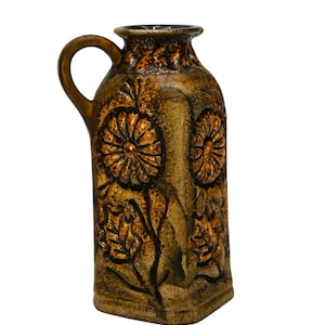 Mid Century Vintage U Keramik Ubelacker Ceramic Pitcher Vase from West German Pottery, Light Brown Fat Lava Vase w. Flowers & Leaves 1753-18