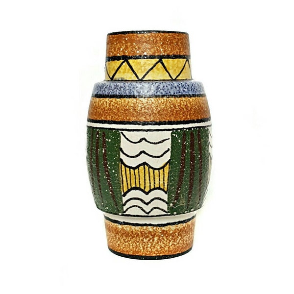 Emons & Sohne ES Keramik West German Pottery Vase, Mid Century Ceramic Colorful Geometric Vase w. Green Yellow Fat Lava, Model 681/21