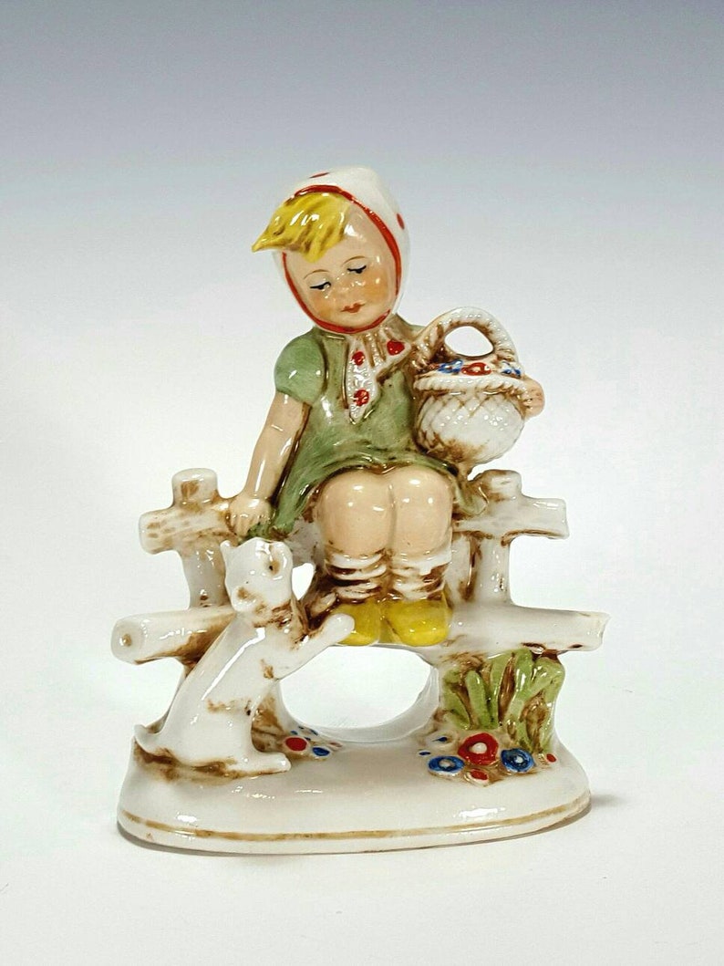 Grafenthal Schneider German Porcelain Figurine Little Girl Sitting on The Fence w Cat and Basket Antique 19th c Stamped 20385 Germany