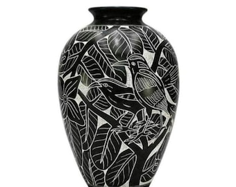 Albert Gutierrez Nicaraguan Art Pottery Vase Handcrafted Dark Green Clay Vase Etched w Birds Flowers and Tropical Leaves, Signed by Artist