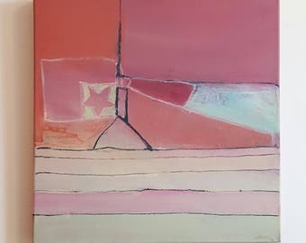 Original Abstract Acrylic on Canvas Painting &quot;Chalk Walk&quot; Signed GEORGE M. CLARK (American) Vibrant Pink Blue Pastel Colors Modern Painting