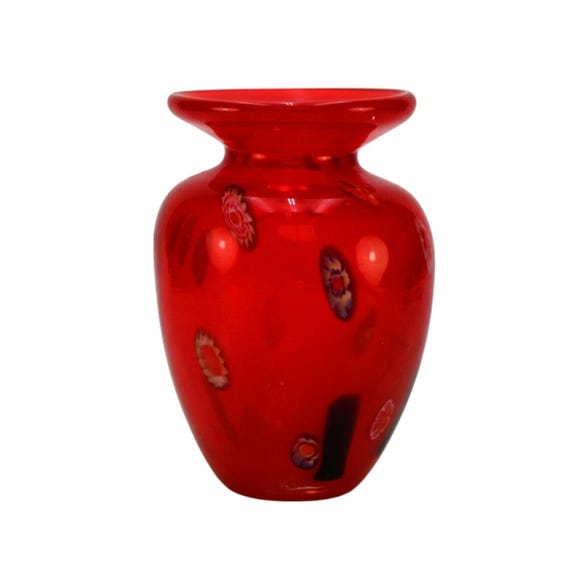il_fullxfull.4915518968_7ju2.jpg Murano Style Red Millefiori Glass Vase 8” Handblown Italian Art Glass Signed Vtg main image 2