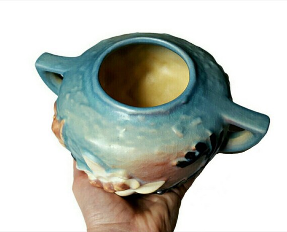 Roseville Pottery Magnolia Blue Handled Bowl Art Vase Etsy