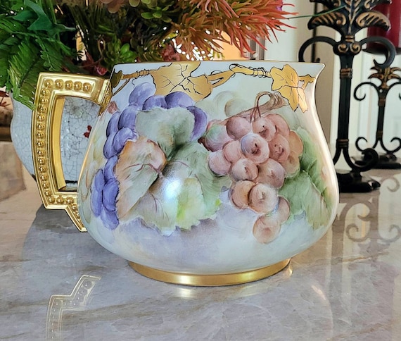 Jean Pouyat Limoges Cider Pitcher, Hand-painted Grape Motif, 22K