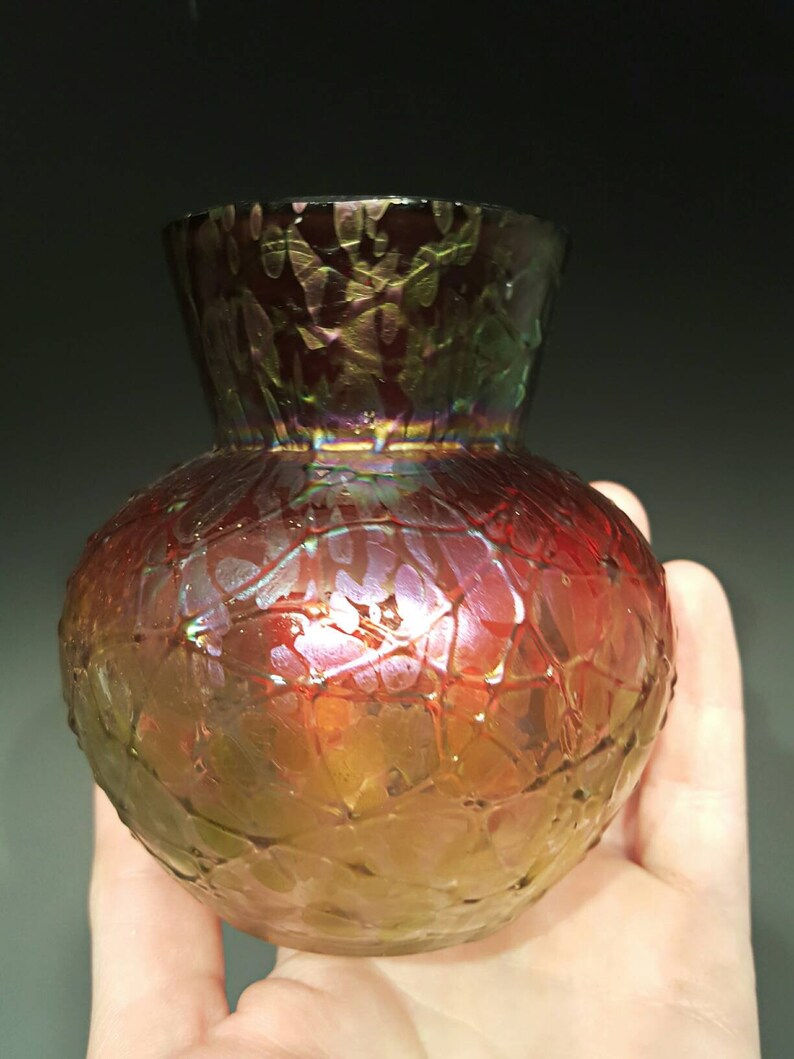 KRALIK Czech Bohemian Crackle Glass Red Pepita Amberina Vase, Art