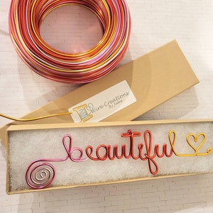 May include: A wire art piece spelling out the word "beautiful" in pink, red, and gold wire. The word is in a box with white padding. A spool of pink, red, and gold wire is in the background. The box has a label that says "Wire Creations by Jules".