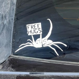 May include: A white sticker on a black car window shows a cartoon alien holding a sign that says "FREE HUGS".