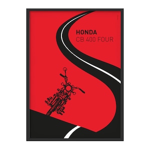 Può includere: Un'illustrazione in bianco e nero di una motocicletta su sfondo rosso con una strada tortuosa e il testo "HONDA CB 400 FOUR".