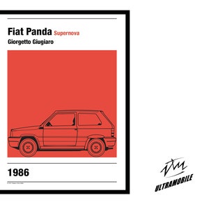 Può includere: Stampa incorniciata con un profilo nero di una Fiat Panda su sfondo rosso. Il testo "Fiat Panda Supernova" e "Giorgetto Giugiaro" sono in alto, con "1986" in basso. Il logo Ultramobile è in basso a destra.