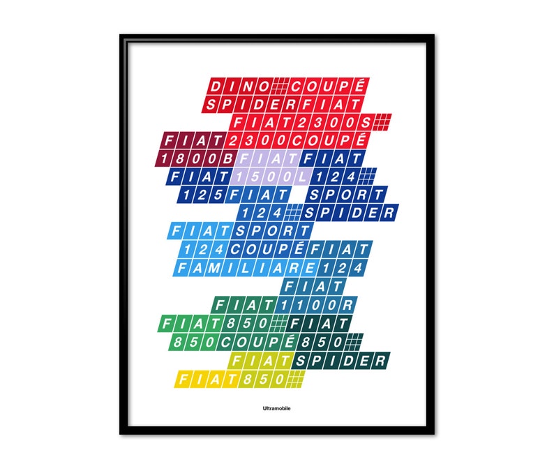 Puede incluir: Un dise&ntilde;o gr&aacute;fico colorido con la palabra "FIAT" repetida varias veces, junto con varios nombres y n&uacute;meros de modelos, como "124 Sport", "850 Coup&eacute;" y "2300S". El dise&ntilde;o est&aacute; dispuesto en forma de pir&aacute;mide, con la palabra "FIAT" en la parte superior y los nombres y n&uacute;meros de los modelos en cascada hacia abajo.