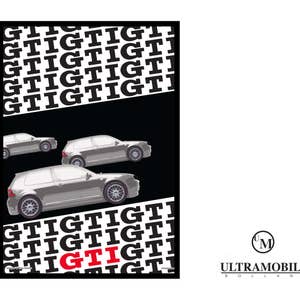 May include: A black and white graphic design featuring the text "GTIGTI" repeated multiple times. The text is layered over a black background with three silver cars, each with the word "GTI" on the side. The text "ULTRAMOBILE" is at the bottom of the image.