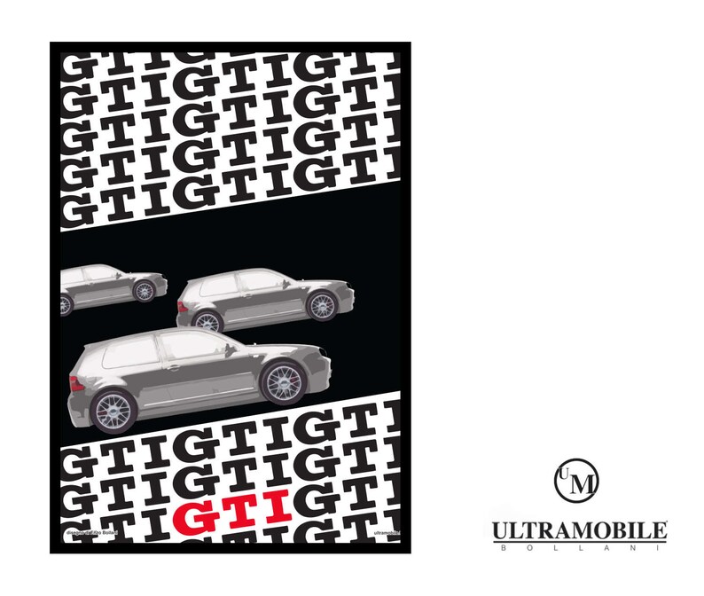 May include: A black and white graphic design featuring the text "GTIGTI" repeated multiple times. The text is layered over a black background with three silver cars, each with the word "GTI" on the side. The text "ULTRAMOBILE" is at the bottom of the image.