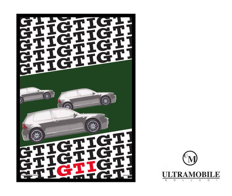 May include: A black and white graphic design featuring the text "GTIGTIGTI" repeated multiple times. The text is in a bold, sans-serif font. The graphic is set against a green background. Three silver cars are shown in the centre of the graphic. The cars are all facing the same direction. The text "ULTRAMOBILE" is shown in black text below the graphic. The text "GTIGTIGTI" is repeated multiple times in a bold, sans-serif font. The text is in red.