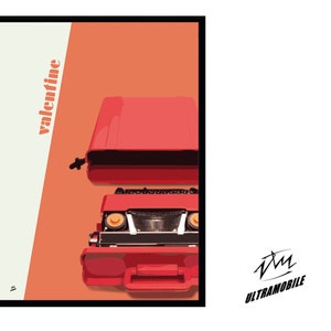 Peut inclure: Une machine à écrire vintage rouge avec le mot "valentine" écrit sur le côté. La machine à écrire est ouverte et les touches sont visibles. L'arrière-plan est orange clair et vert clair.