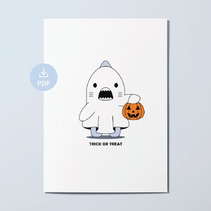 Cartão de Halloween para impressão, Truque de Treet, Fantasmas, Tubarões, cartão de Halloween para amiga, cartão de aniversário para ela, cartão engraçado de Halloween