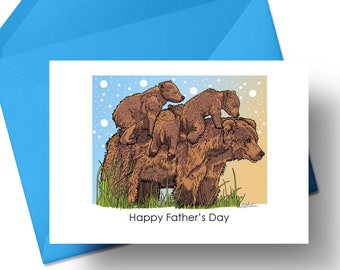 Carte d'ours de fête des pères, ours du coucher du soleil, bébé papa ours, cadeau pour les papas, carte de fête des pères, illustration d'ours, dessin d'ours, carte mignonne, A6