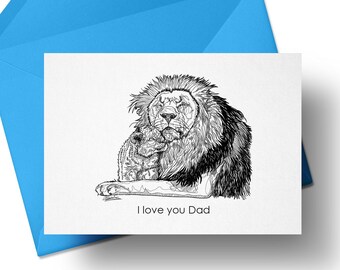 Löwe und Jungtier Karte, Geschenk für Papas, Vatertagskarte, Löwe Illustration, Löwe Zeichnung, süße Karte, kleine Karte, A6
