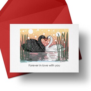 May include: A greeting card with a black and white swan couple forming a heart shape with their necks. The swans are in a lake with reeds and a sunset background. The text on the card reads "Forever in love with you".